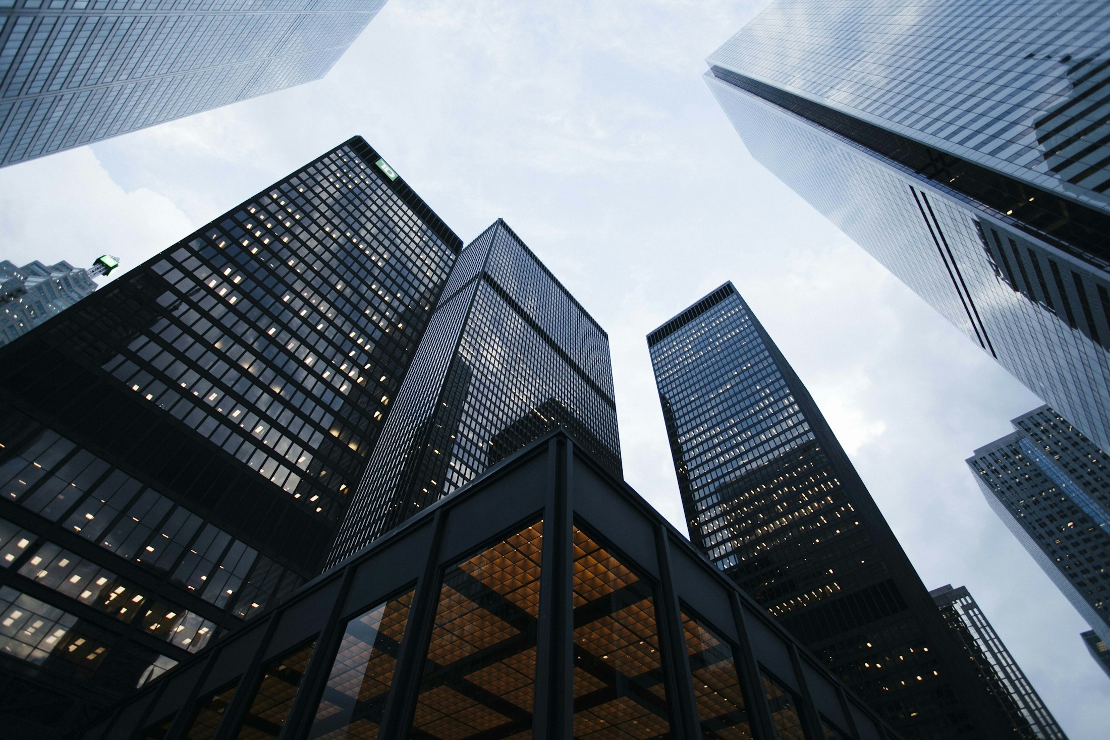 Glass office towers viewed from street level